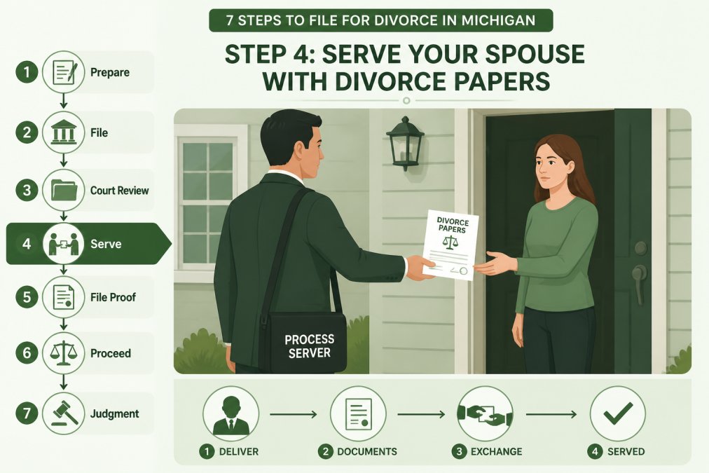 Process server in professional attire delivering official divorce documents to person at their residence, showing exchange of papers with formal interaction