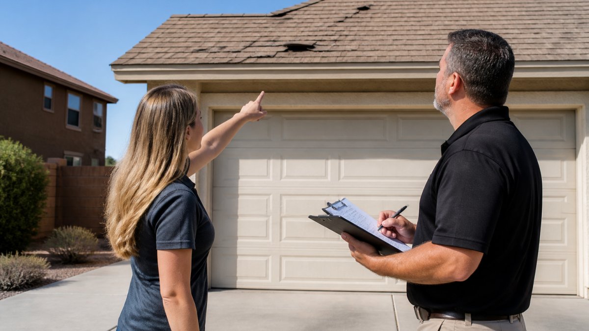 A homeowner and an insurance adjuster standing in a residential driveway, the adjuster holding a clipboard and looking up at a shingled roof, homeowner pointing toward damaged shingles under a clear sky