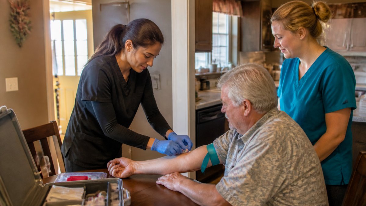Step-by-step process of mobile lab services showing a phlebotomist performing a home blood draw for a senior.