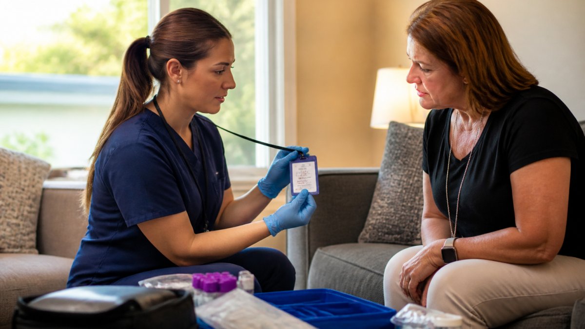 Phlebotomist organizing sterile supplies during mobile lab services visit