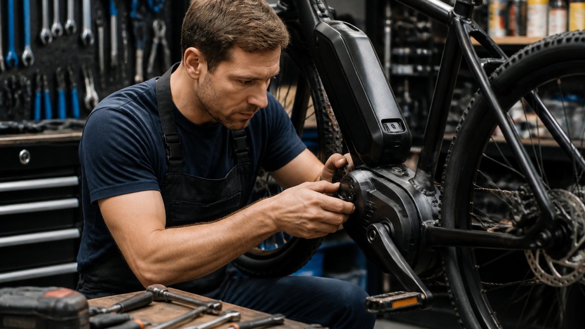 Professional mechanic inspecting an electric bike motor and battery in a workshop.