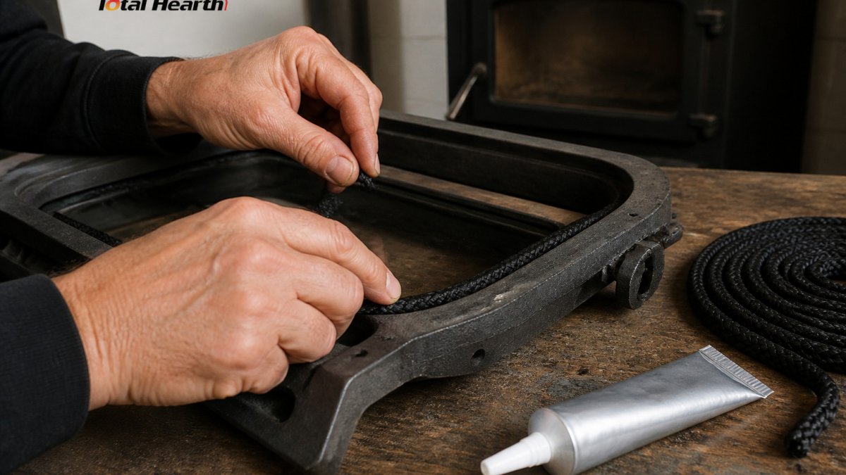 Hands pressing a new black fiberglass rope gasket into a clean channel on a wood stove door frame