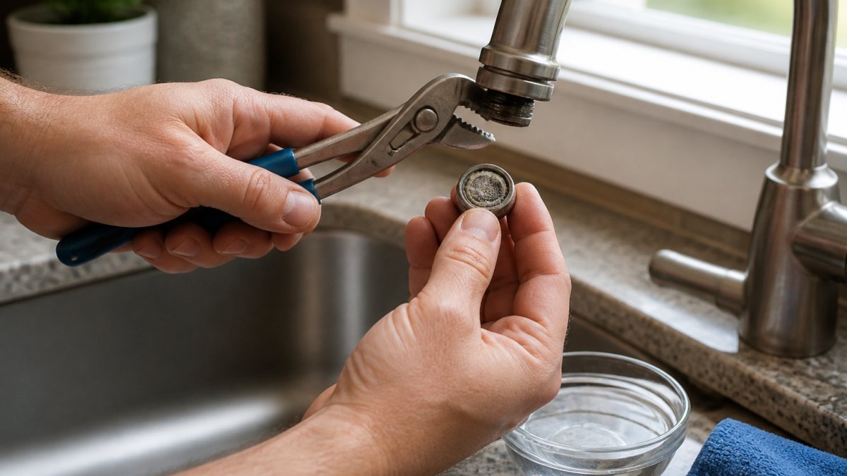 Hands using pliers to clean a mineral-clogged aerator to fix low water pressure in a kitchen faucet