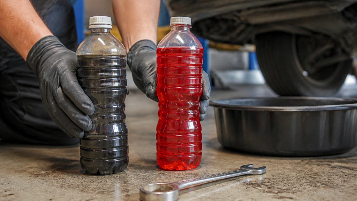Mechanic holding dark used fluid next to fresh oil for a transmission fluid flush in a garage.