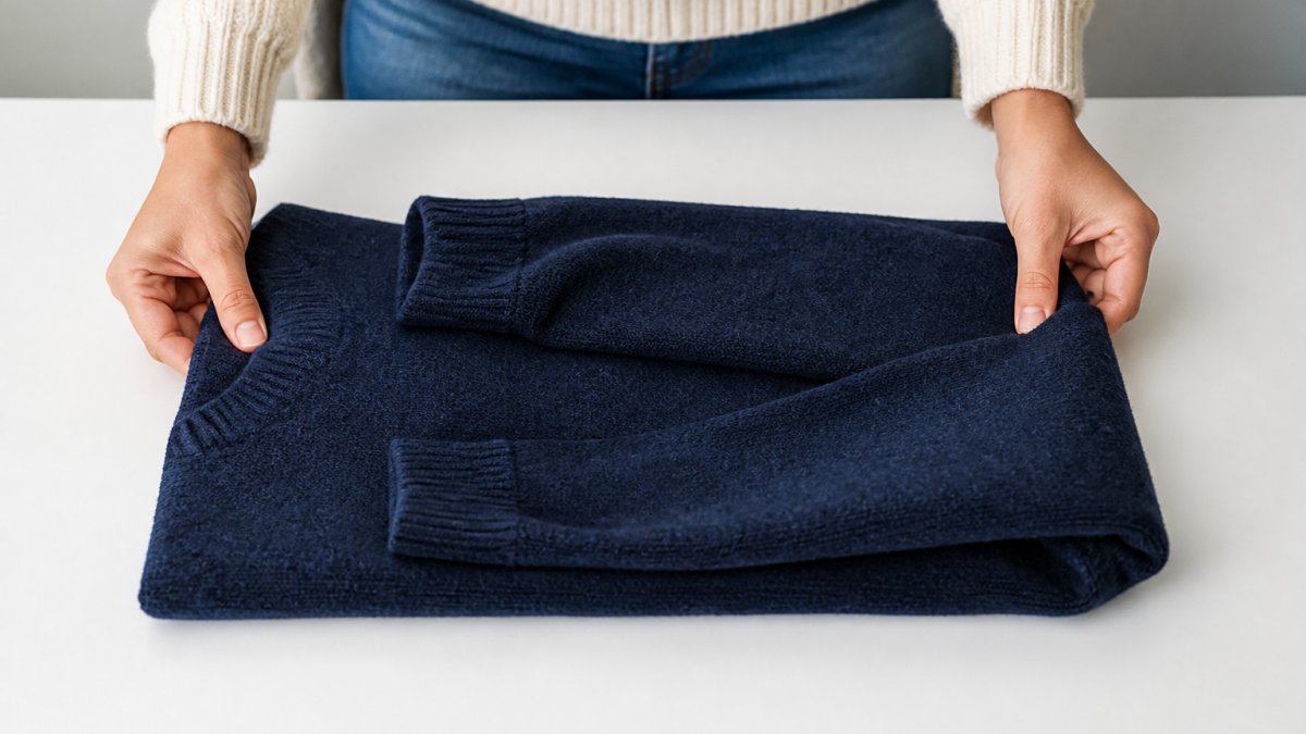 Diagram showing how to fold sweaters for storage by tucking sleeves and folding the body into thirds.
