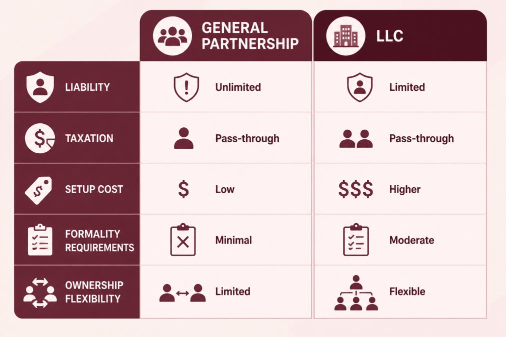 Comparison matrix of general partnership vs LLC features to help with the 7 steps to form a general partnership in New York