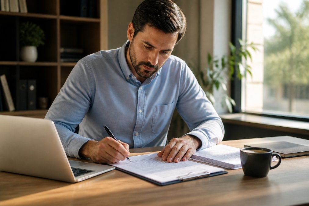 Real estate investor signing an operating agreement for a business at a wooden desk in a sunlit office