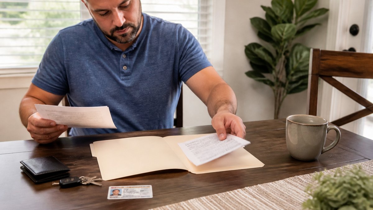 Buyer organizing documents for a car loan no credit application at a desk