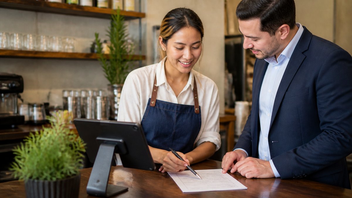 A small business owner at a cafe counter reviewing a tablet POS terminal and a paper application form with a payment processor representative standing nearby