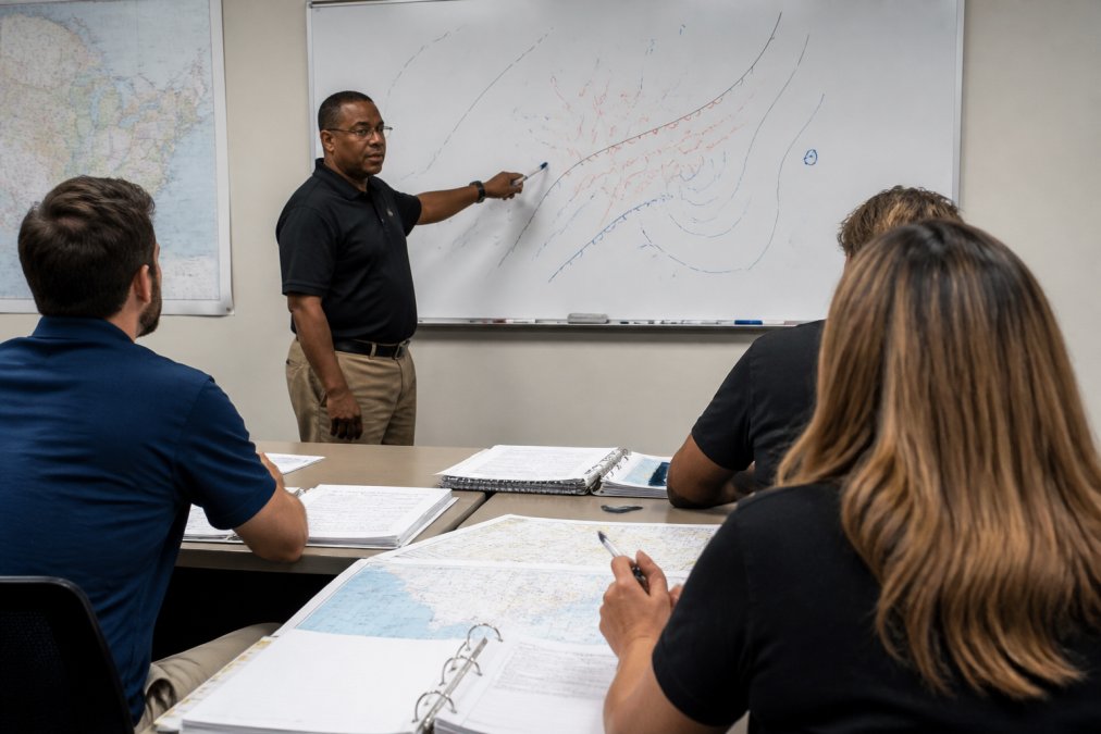 Students in a dispatcher license program studying weather charts and flight planning with an instructor.
