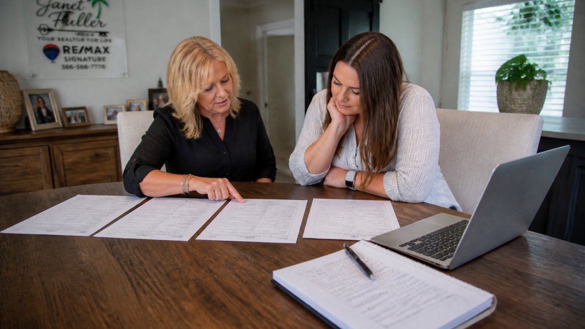 A real estate agent and a homeowner sitting at a dining table reviewing several printed purchase offer documents side by side, with a laptop open and a notepad with handwritten notes nearby