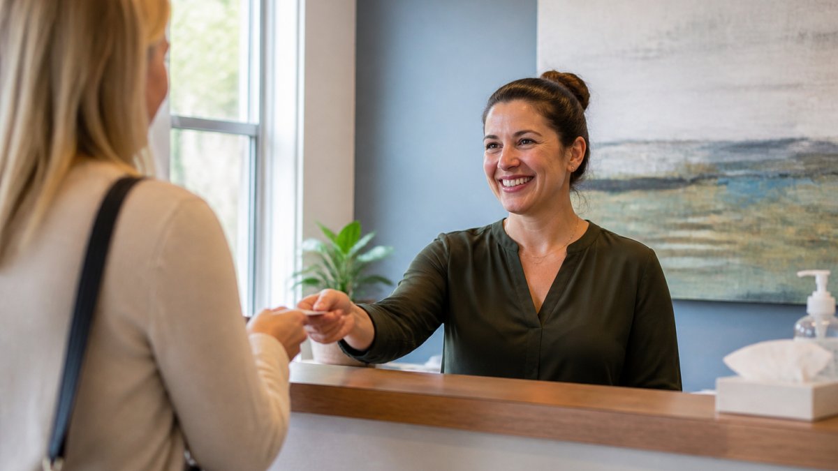 Front desk staff member greeting a patient to help manage copay collections consistently in a medical office