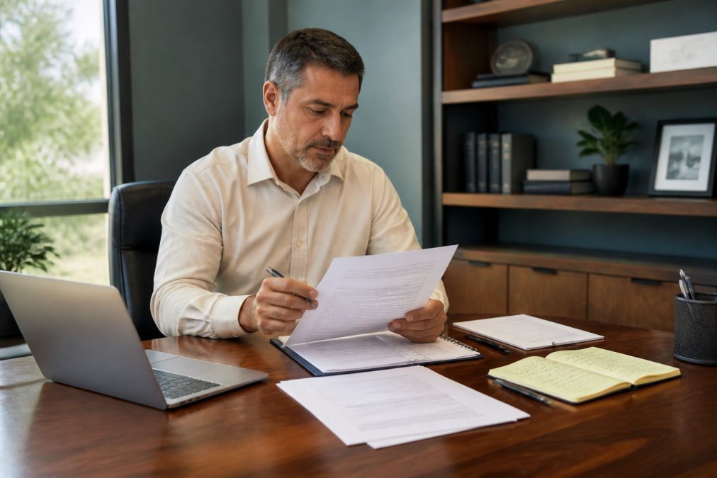 Business owner reviewing written communication on laptop with contract documents and notes spread across desk in professional office setting