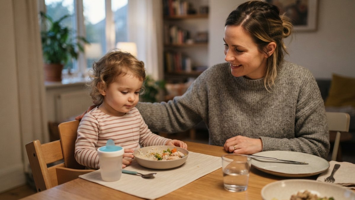 Flowchart illustrating steps for a parent to soothe a toddler and reconnect during a mealtime tantrum.
