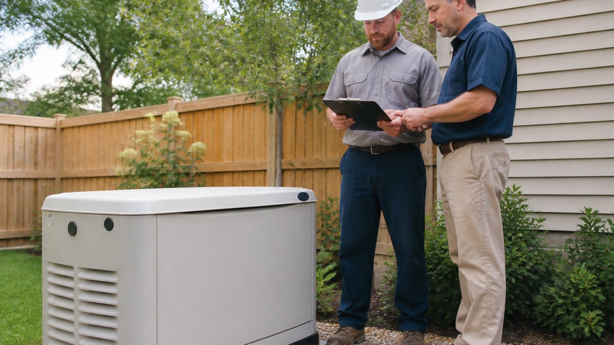 A licensed electrician in safety gear reviewing a clipboard next to a home standby generator, with a homeowner looking on in a residential backyard