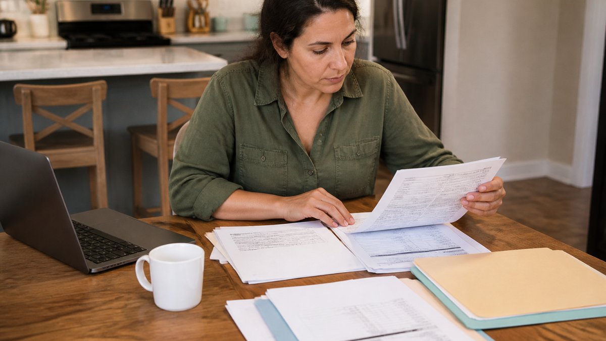 Infographic showing the process of organizing tax forms and bank statements into folders for a consultation