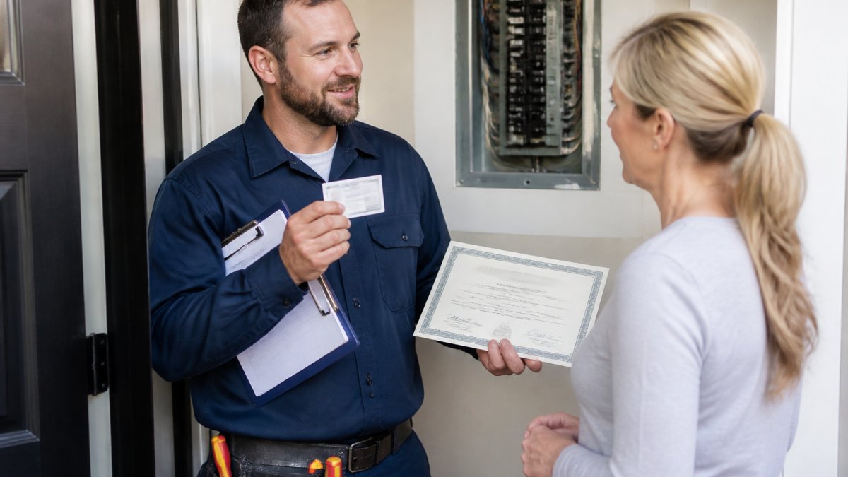A licensed electrician in work clothes showing his license card and insurance certificate to a homeowner at their front door, clipboard in hand, electrical panel visible in the background