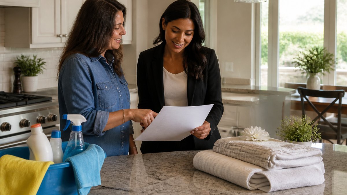 Real estate agent and seller reviewing an open house checklist in a bright, staged kitchen