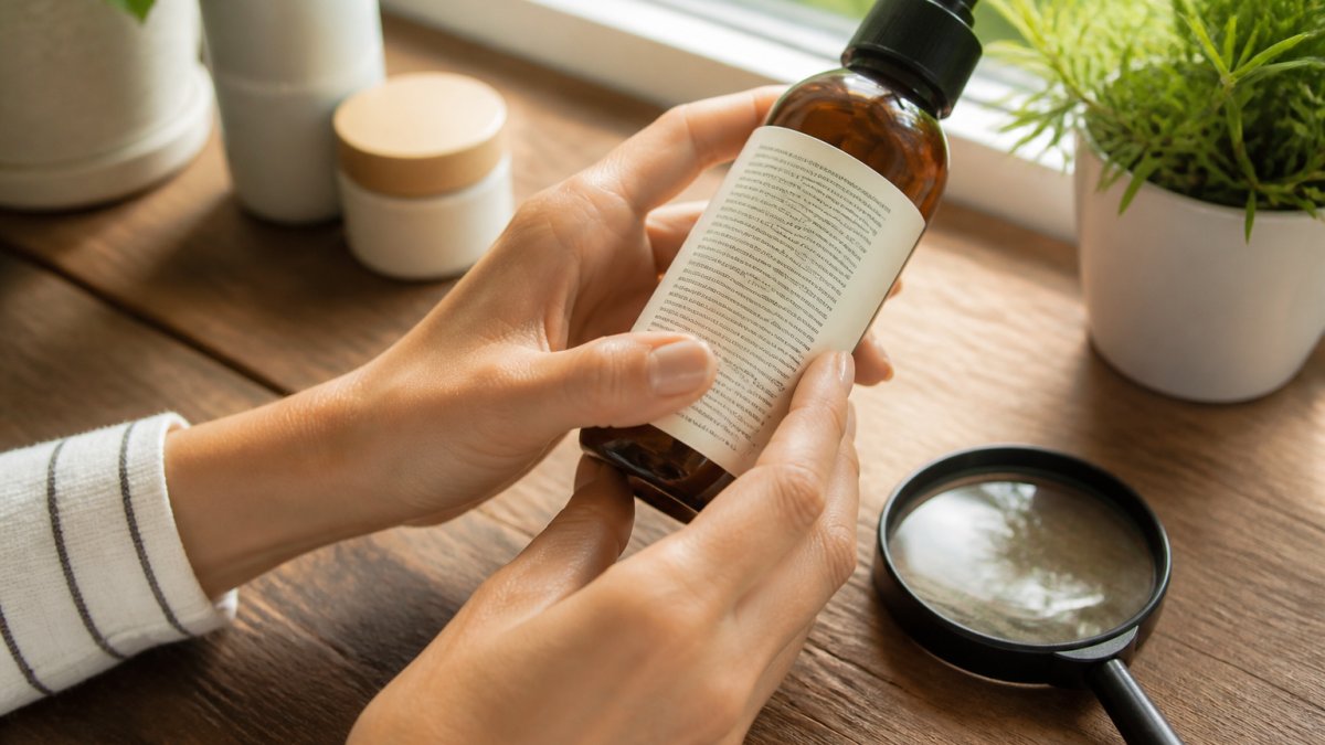 Close-up of a person's hands holding a skincare bottle turned to show the ingredient panel, with a magnifying glass resting on a wooden table nearby and soft natural window light