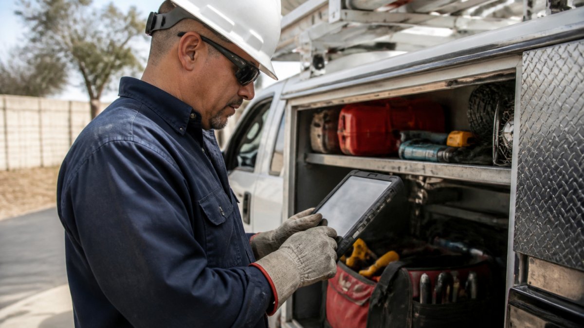 Field technician reviewing a digital preventive maintenance checklist on a tablet beside a service truck
