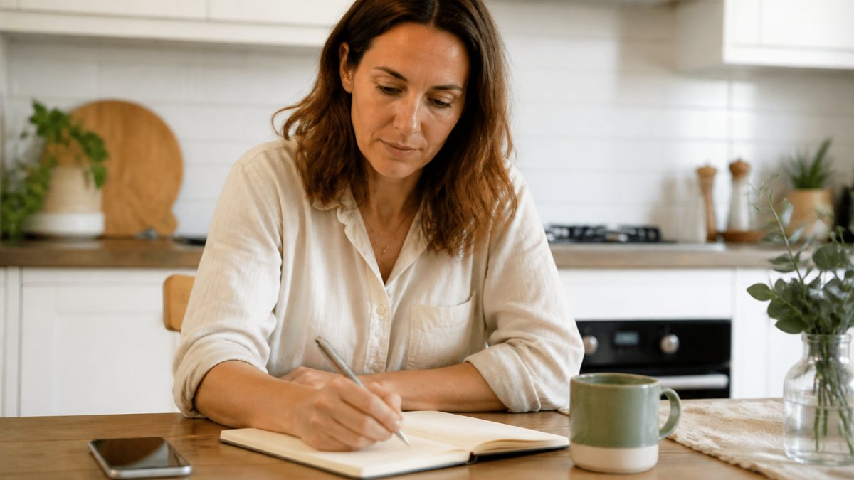 A woman in her forties sitting at a kitchen table in soft morning light, writing symptoms in a notebook beside her phone and a cup of tea
