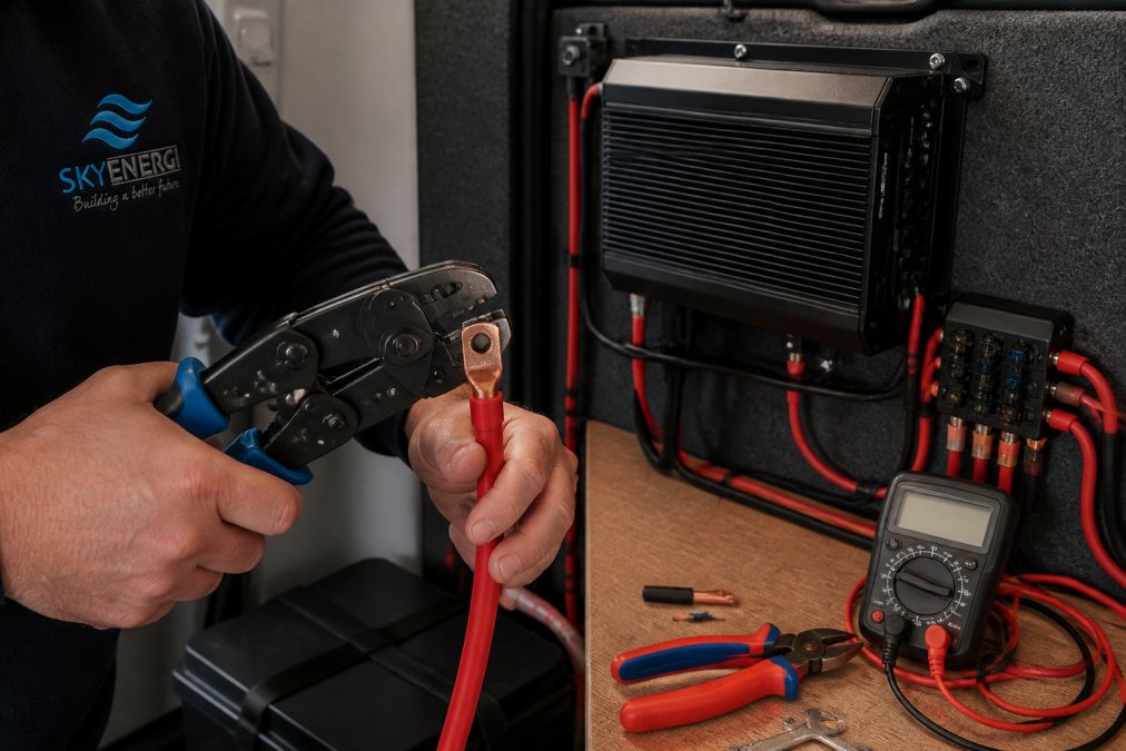 Crimping a red cable terminal while installing a battery to battery charger in a campervan setup