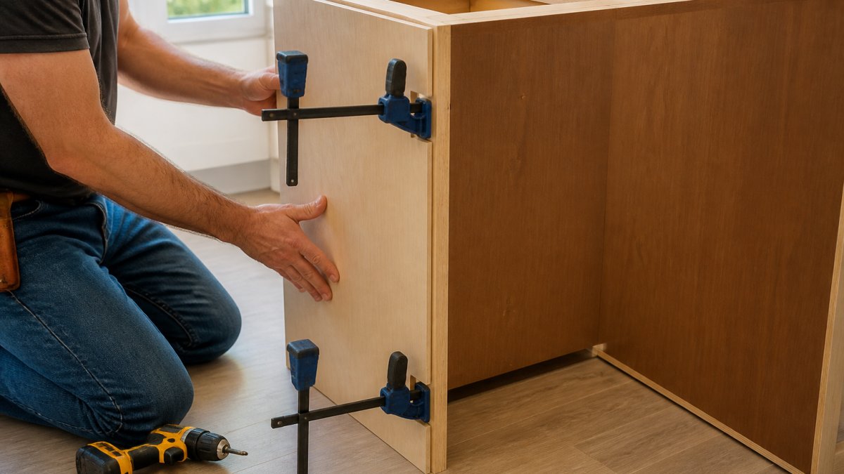 DIY homeowner using clamps to attach a wood end panel to a base cabinet with tools nearby