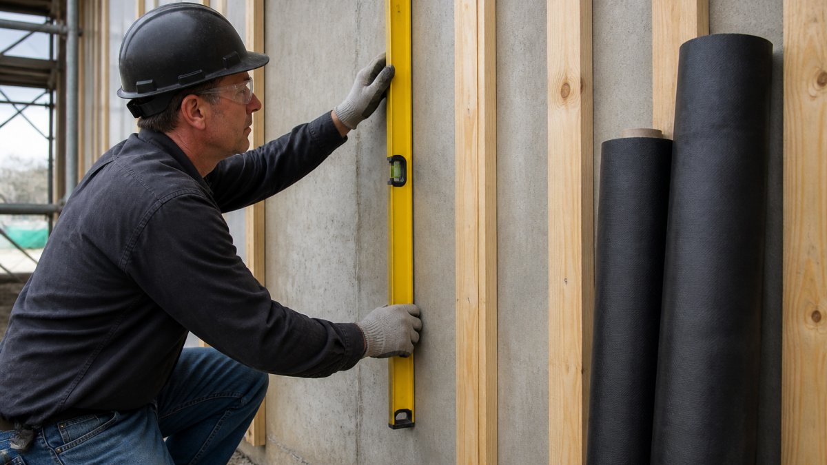 Worker checking the wall substrate with a level before installing copper siding panels
