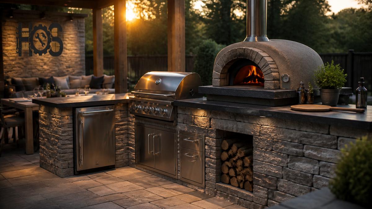 Professional outdoor kitchen with wood-fired pizza oven integrated into stone countertop, surrounded by stainless steel cabinets and grill station, comfortable seating area visible in background during golden hour lighting