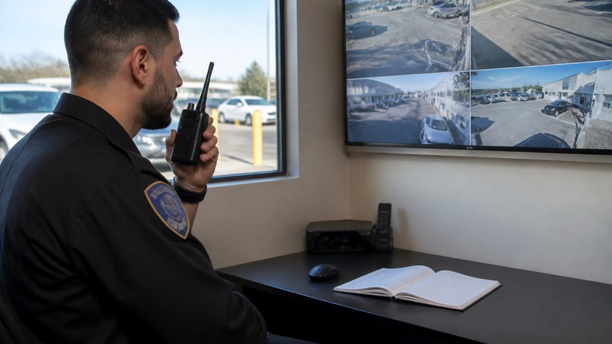 Security guard monitoring surveillance tech feeds on a wall display while communicating via radio in a site office.