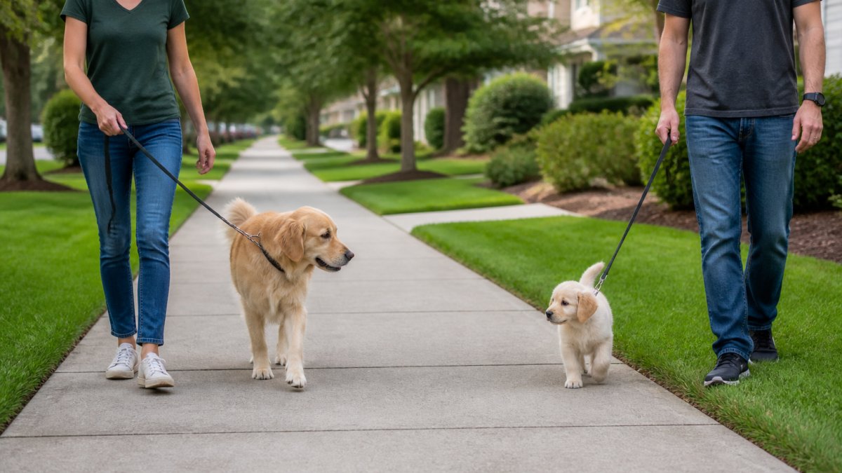 Two dogs on leashes walking in parallel on a quiet suburban sidewalk, each handled by a person, with a few feet of space between them and relaxed body posture
