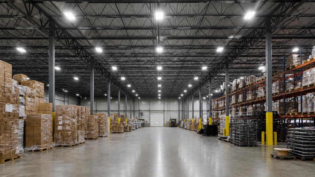 Modern LED high-bay fixtures illuminating a warehouse to optimize warehouse lighting costs and visibility.