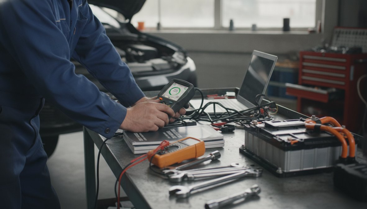 Technician holding an OBDII scanner device connected to a hybrid vehicle's diagnostic port under workshop fluorescent lighting, reading battery health data on the device screen