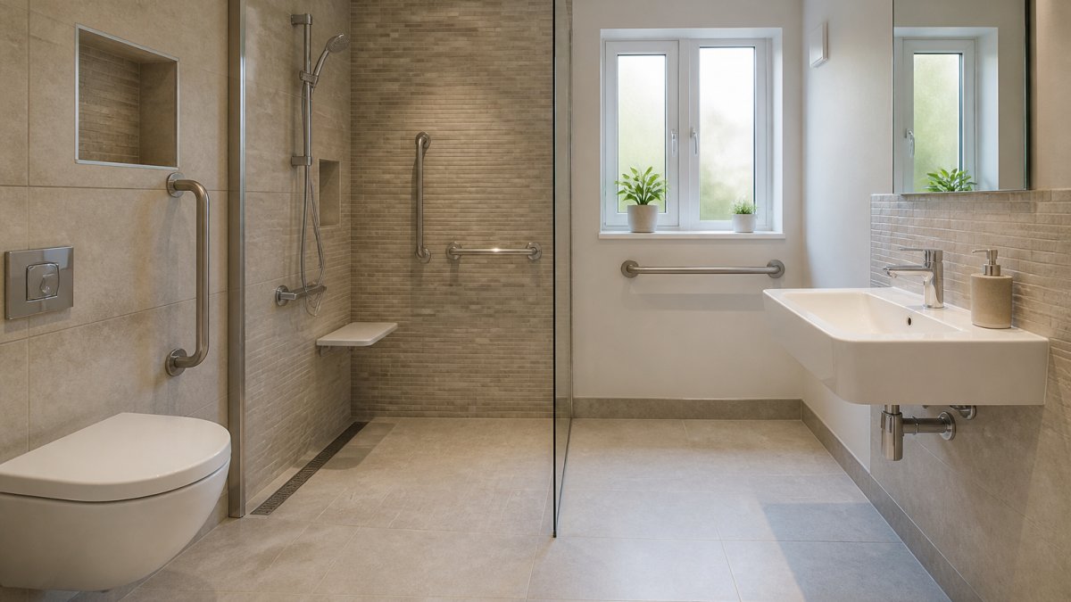 A newly finished accessible bathroom with a level-access walk-in shower, grab rails and a wall-hung basin, photographed in natural daylight