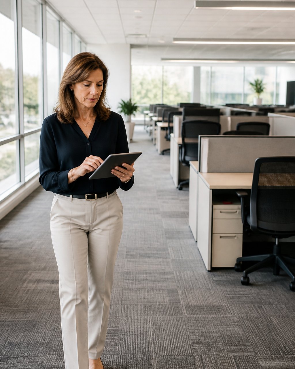 Office manager reviewing occupancy data on a tablet to address hybrid work facility needs in a modern office