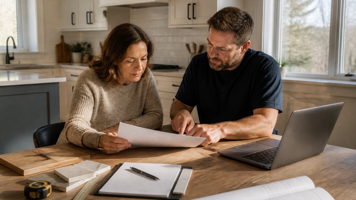Process flow chart for reviewing a home renovation contract and negotiating project scope and pricing.