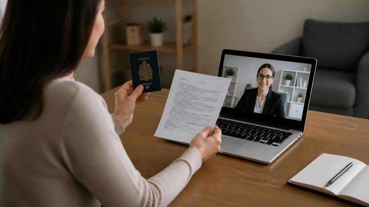 Person holding a passport and document during a video call for notarizing documents with a remote notary