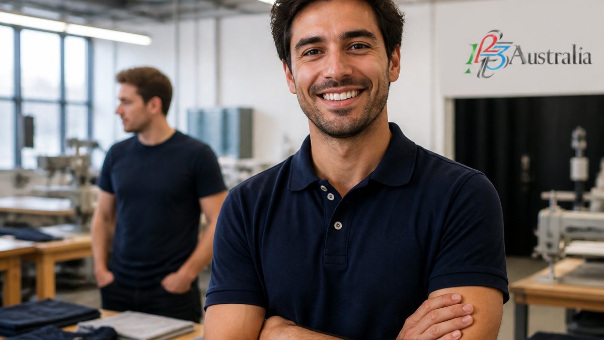 Close-up of a staff member in a navy polo shirt with a small embroidered chest logo, standing in a bright workshop, another colleague in a printed tee blurred in the background