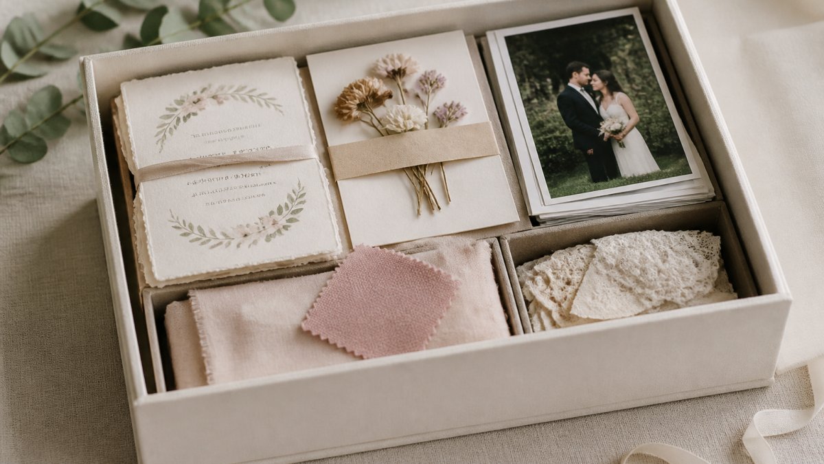 Professional wedding memory box with carefully arranged keepsakes including invitation, pressed flowers, fabric swatch, and photos displayed on a neutral background with soft natural lighting