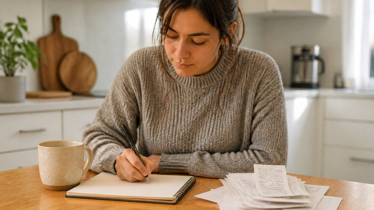 A young adult sitting at a kitchen table with a notebook, pen, and laptop, calmly writing down monthly expenses with a cup of tea nearby