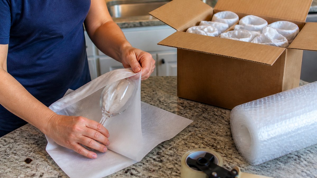 Hands wrapping a wine glass in packing paper to safely pack fragile items for a move.