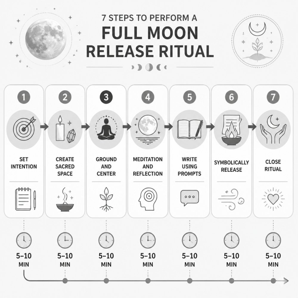 Seven-step flowchart illustrating a full moon release ritual process from intention setting to closing.