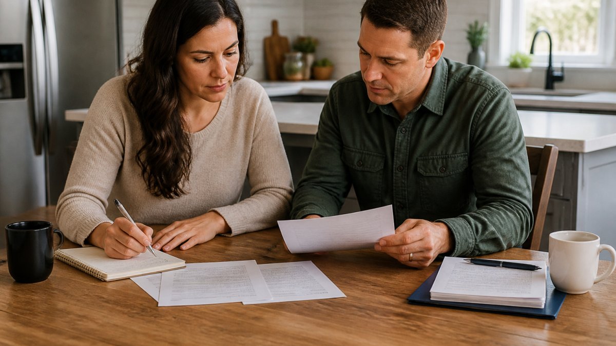 Infographic flowchart for life insurance planning showing a couple organizing documents at a kitchen table.