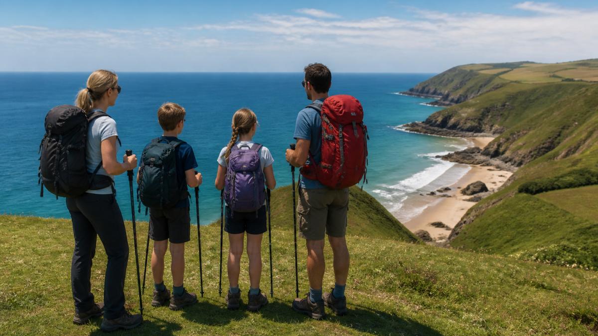 A family with hiking gear pausing on a grassy South West Coast Path cliff during a multi day hike.