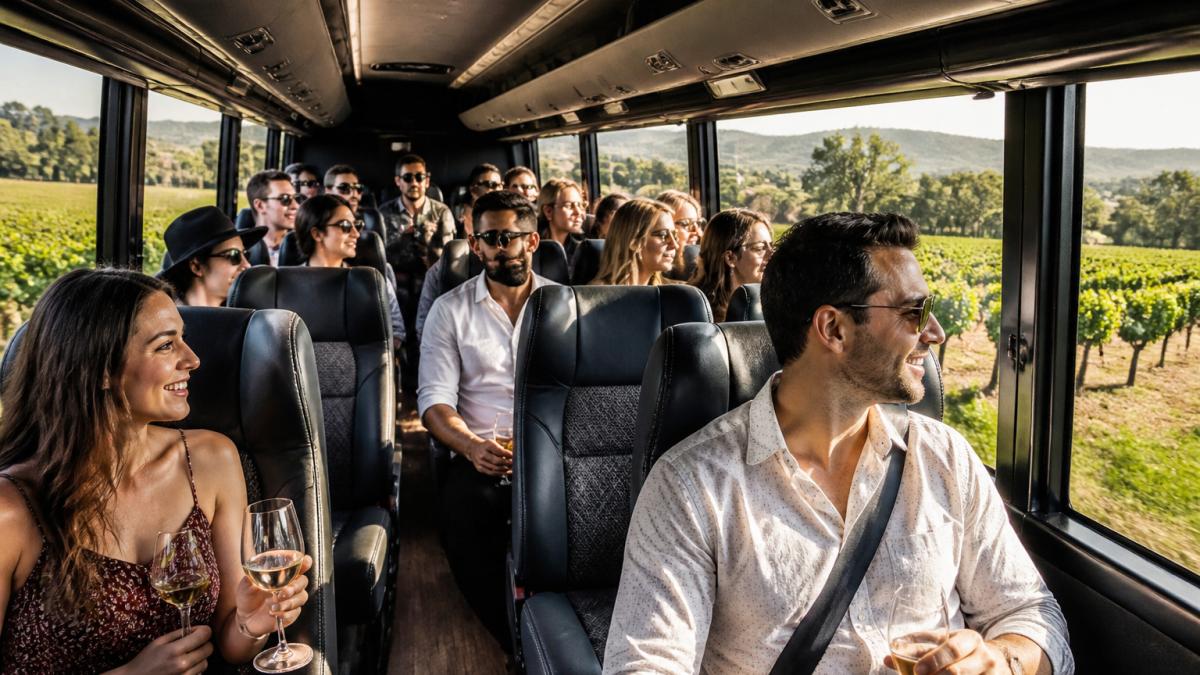 Passengers enjoying scenic vineyard views from a comfortable minibus during winery tours transfers