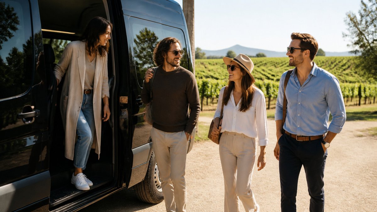 Friends in smart casual clothing arriving at a vineyard for winery tour stops by minibus