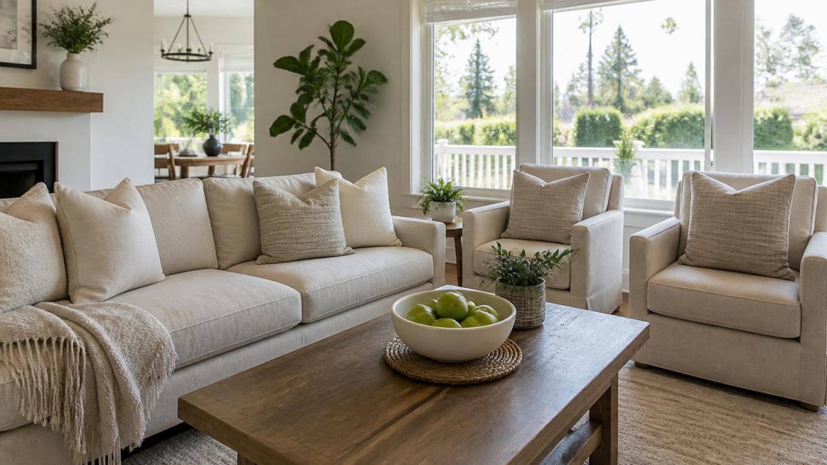 Infographic showing steps to prepare home for sale using a decluttered living room layout and budget staging tips.