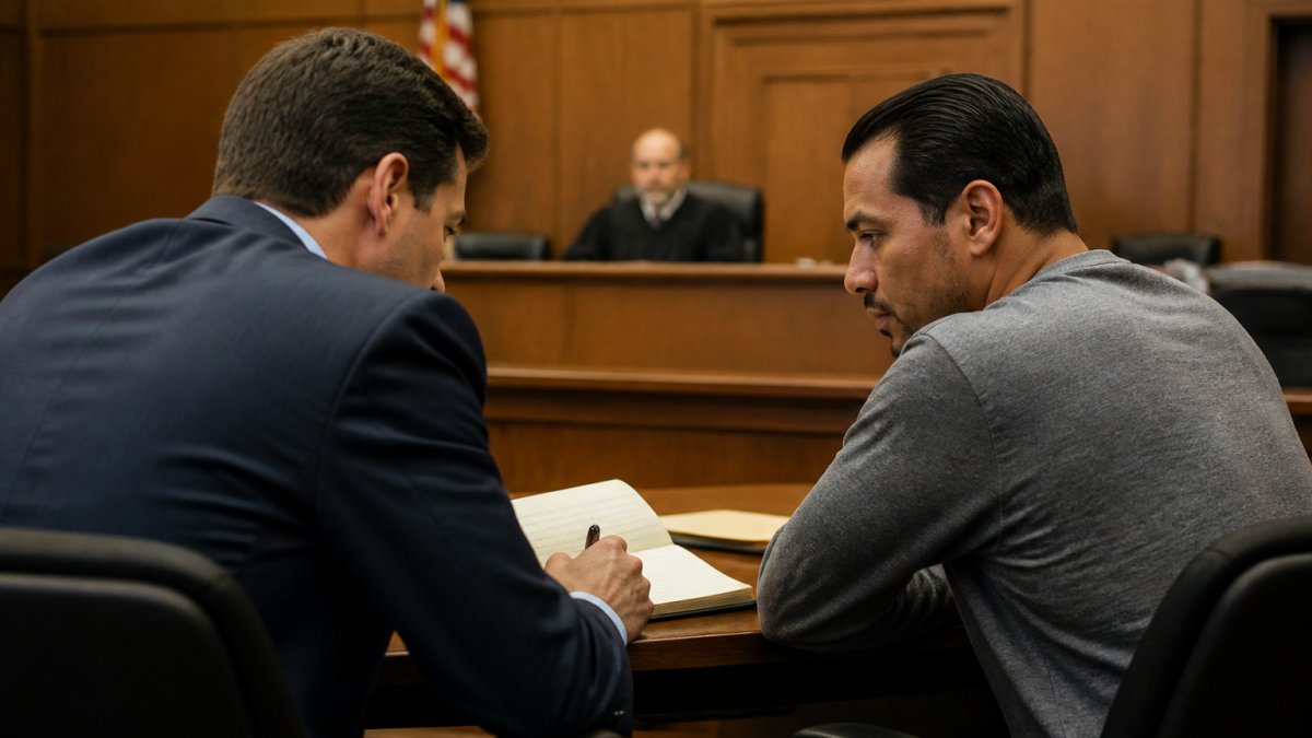 A defendant seated at a counsel table in a wood-paneled courtroom, speaking with a defense attorney who is reviewing a legal pad, with a judge's bench visible in the soft-focus background