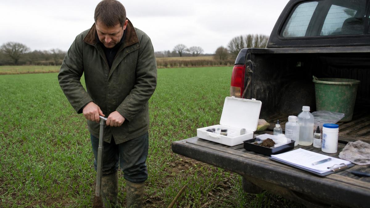 Farmer taking soil samples with a probe to monitor rhizosphere stress in a wheat field during early spring.
