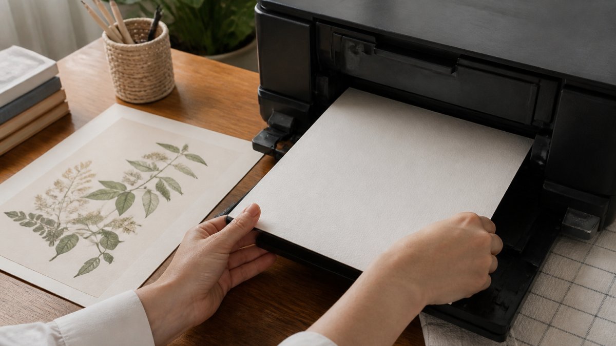 Close-up of hands loading a sheet of textured matte paper into a home inkjet printer, with a printed botanical art print visible on the desk beside it